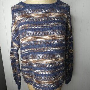 Cliche Women's L Wool Blend Chunky Pullover Sweater Blue & Brown Fuzzy